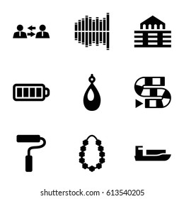 Icons icons set. set of 9 icons filled icons such as earring, baterry, equalizer, garland, building, paint roller, communication, dice game