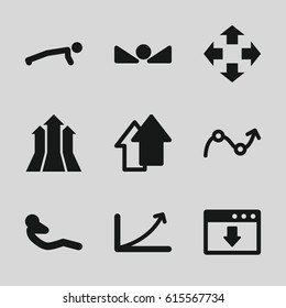 Up icons set. set of 9 up filled icons such as abdoninal workout, graph, move, download cloud