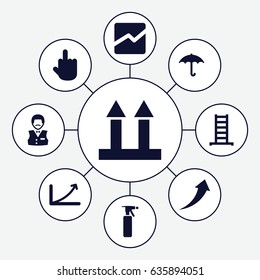 Up icons set. set of 9 up filled icons such as ladder, spray bottle, casino boy, middle finger, keep dry cargo, line chart