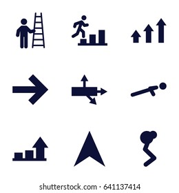 Up icons set. set of 9 up filled icons such as navigation arrow, graph, man with ladder, arrow, forward