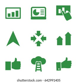 Up icons set. set of 9 up filled icons such as navigation arrow, graph, chart on display, hand on graph, ladder to the sky, like