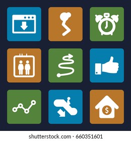 Up icons set. set of 9 up filled icons such as elevator, escalator down, thumb up, house sale, curved arrow, graph, clock alarm, download cloud