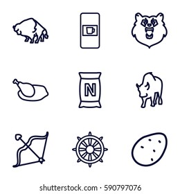 Icons set. Set of 9 outline icons such as vending machine, bear, buffalo, potato, bag with ground, helm, bow