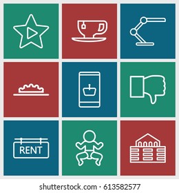 Icons icons set. set of 9 icons outline icons such as tea cup, favorite music, table lamp, camera wheel, rent tag, building, dislike, online shopping