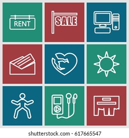 Icons icons set. set of 9 icons outline icons such as broken heart, pc, letter, rent tag, hotel, sale, man doing exercises, mp3 player