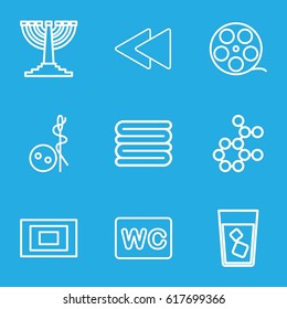 Icons icons set. set of 9 icons outline icons such as needle button, towels, WC, drink, play back, photo, menorah, atom