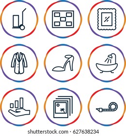 Icons icons set. set of 9 icons outline icons such as shower, heel sandals, cart cargo, party pipe, jacket, photo