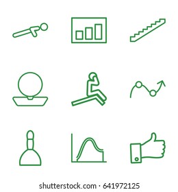 Up icons set. set of 9 up outline icons such as stairs, spa bag, powder, graph