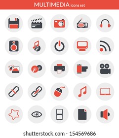 Icons set about multimedia. Flat icons inside circles.
