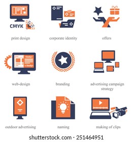 Icons set for Advertisement Company / Solid fill vector icons of advertisement services  