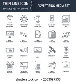 Icons Set of Advertising Media. Editable Vector Stroke. Premium Mono Linear Plain Laconic Logo