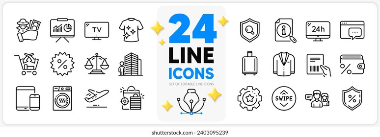 Icons set of Agent, People talk and Justice skaliert Line Icons Pack für App mit Sparkasse, Paketrechnung, 24h Service Thin Umriss Icon. Suchen, Clean T-Shirt, Tv Piktogramm. Vektorgrafik