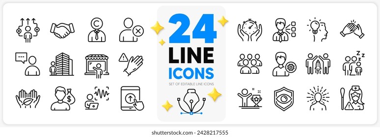 Icons set of Agent, Third party and Support line icons pack for app with Swipe up, Delete user, Sleep thin outline icon. Nurse, Partnership, Use gloves pictogram. Idea, Handshake, Voice wave. Vector
