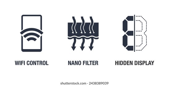 Icons set for air conditioner benefits - WiFi control, Nanofilter, Hidden Display. Monochrome pictograms for packaging