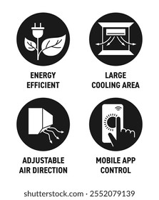 Ícones definidos para parâmetros de ar condicionado - Área de sala de resfriamento, Direção de ar ajustável, Consome menos energia. Pictogramas em forma monocromática e circular, para etiquetagem