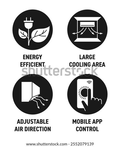 Icons set for air conditioner parameters - Cooling room area, Adjustable air direction, Consumes less power. Pictograms in monochrome style and circular shape, for labeling