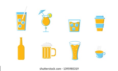 Icons set of alcoholic and non-alcoholic drinks bottles and mugs of tea coffee beer cocktails and whiskey vodka with ice on a white background. Vector illustration.