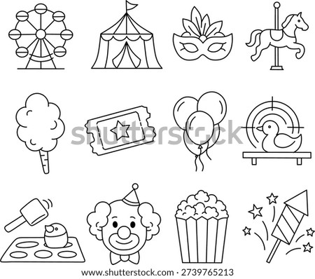 ​Carnival icons set amusement park elements linear symbols