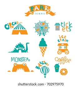 Icons set amusement Park for the whole family: Ferris wheel, ice cream truck, carousel with horses, monster, hot drinks, shooting range, hot dog, balloon. Vector illustration. For nursery, print