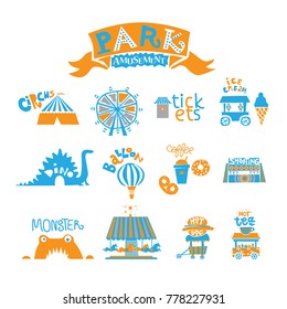 Icons Set Amusement Park For The Whole Family: Ferris Wheel, Ice Cream Truck, Carousel With Horses, Monster, Hot Drinks, Shooting Range, Hot Dog, Balloon. Vector Illustration. For Nursery, Print