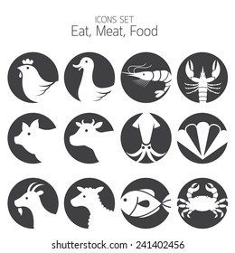 Icons Set : Animal, Meat, Seafood And Eating