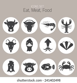 Icons Set : Animal, Meat, Seafood and Eating