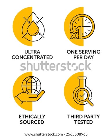 Icons set for any dietary nutrient supplement or vitamins packaging. Ultra concentrated, One serving per day, Ethically sourced, Third party tested. In semicircle shapes