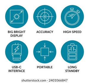 Icons set for any digital testing or control device with main benefits - Big bright display, Accuracy, High speed, USB-c interface, Portable and Long standby. Pictograms for labeling in circle shape