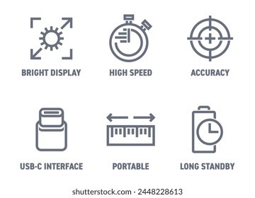 Icons set for any digital testing or control device with main benefits - Big bright display, Accuracy, High speed, USB-c interface, Portable and Long standby. Monochrome symbols for labeling in bold