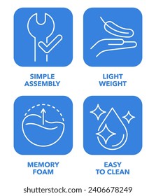 Icons set for any ergonomic equipment - Simple Assembly, Light Weight, Memory Foam, Easy to Clean. In square shape and in thin line