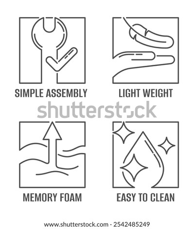 Icons set for any ergonomic tool or equipment - Simple Assembly, Light Weight, Memory Foam, Easy to Clean. Flat design in square shape