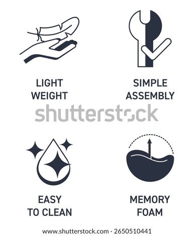 Icons set for any ergonomic tool or equipment - Simple Assembly, Light Weight, Memory Foam, Easy to Clean. Flat design in monochrome style