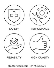 Icons set for any product labeling - Safety, Performance, Reliability, High Quality. Pictograms in thin line