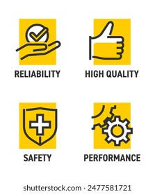 Icons set for any product labeling - Safety, Performance, Reliability, High Quality. Pictograms in bold line, yellow background