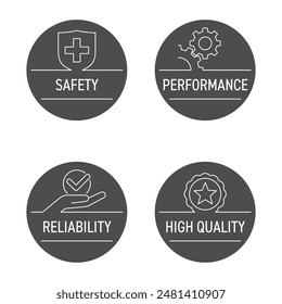 Icons set for any product labeling - Safety, Performance, Reliability, High Quality. Circular shapes, in thin line