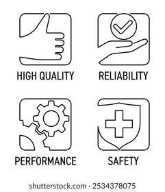 Ícones definidos para qualquer rotulagem de produto - Segurança, Desempenho, Confiabilidade, Alta Qualidade. Pictogramas em linha fina com moldura quadrada