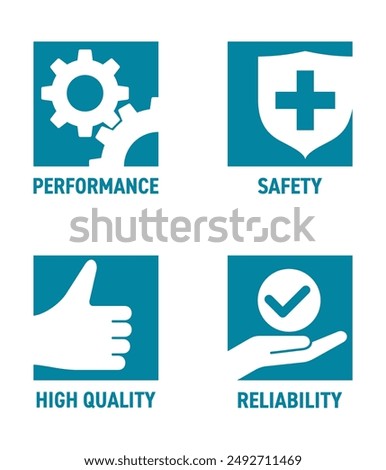 Icons set for any product labeling - Safety, Performance, Reliability, High Quality. Pictograms in square shape with negative space