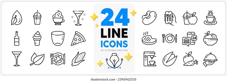 Icons set of Apple carrot, Restaurant app and Water drop line icons pack for app with Juice, Pistachio nut, Ice cream thin outline icon. Pizza, Mint leaves, Food app pictogram. Vector