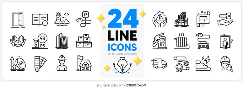 Icons set of Architectural plan, Inspect and Construction document line icons pack for app with Building, Buying house, Diesel station thin outline icon. Technical info, Radiator. Vector