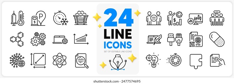Icons set of Atom core, Cogwheel and Seo idea line icons pack for app with Coal trolley, Ethics, Qr code thin outline icon. Hold document, Copyright laptop, Employees wealth pictogram. Vector