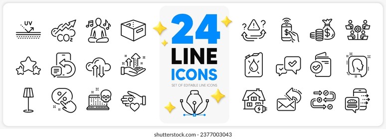 Icons set of Attention, Canister and Phone payment line icons pack for app with Home charging, Teamwork, Floor lamp thin outline icon. Phone message, Cloud sync, Head pictogram. Co2. Vector