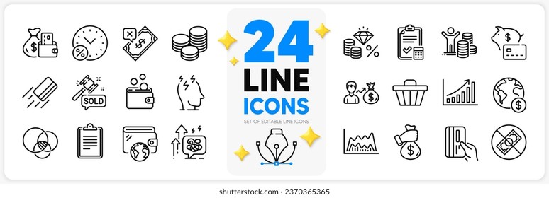 Icons set of Auction hammer, Trade chart and Stress line icons pack for app with Money tax, Rejected payment, Wallet thin outline icon. Wallet money, Global business, Clipboard pictogram. Vector