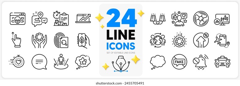 Icons set of Augmented reality, Air fan and Timer line icons pack for app with Text message, Delivery report, Inspect thin outline icon. Ecology app, Comic message, Candlestick chart pictogram. Vector