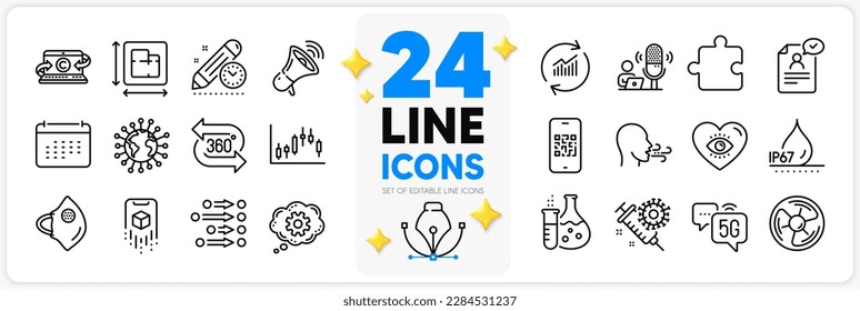 Icons set of Augmented reality, Chemistry flask and Copywriting notebook line icons pack for app with Order, Waterproof, Puzzle thin outline icon. Coronavirus, Breathing exercise. Vector