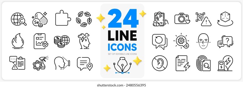 Conjunto de iconos de realidad aumentada, Face id y línea de signo de interrogación paquete para App con reconocimiento de cara, lista de verificación de informe, sin audición icono de contorno fino. Inspeccionar, chatear burbuja. Vector