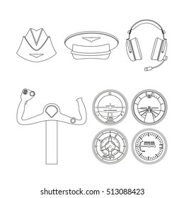 Icons set of aviation. Outline drawing. Aircraft command objects. Vector illustration.