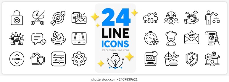 Icons set of Baby carriage, Filter and Recovery ssd line icons pack for app with Password encryption, Freezing timer, Lgbt thin outline icon. Divider document, Time management. Vector