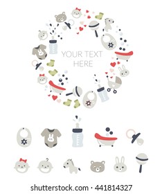 Icons set of baby things. Vector baby elements, background in circle. It can be used for invitation, birthday, picture, greeting card, wallpaper, poster, banner.