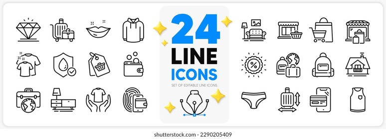 Icons set of Backpack, Baggage and Baggage size line icons pack for app with Waterproof, Marketplace, Online shopping thin outline icon. Wallet, Furniture, T-shirt pictogram. Discount. Vector
