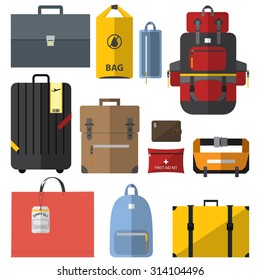 Icons set of bags and suitcases in flat design. Vector  Illustration